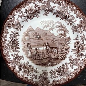 Spode Brown Transferware Plate with Scenic Pastoral Motif set of 2